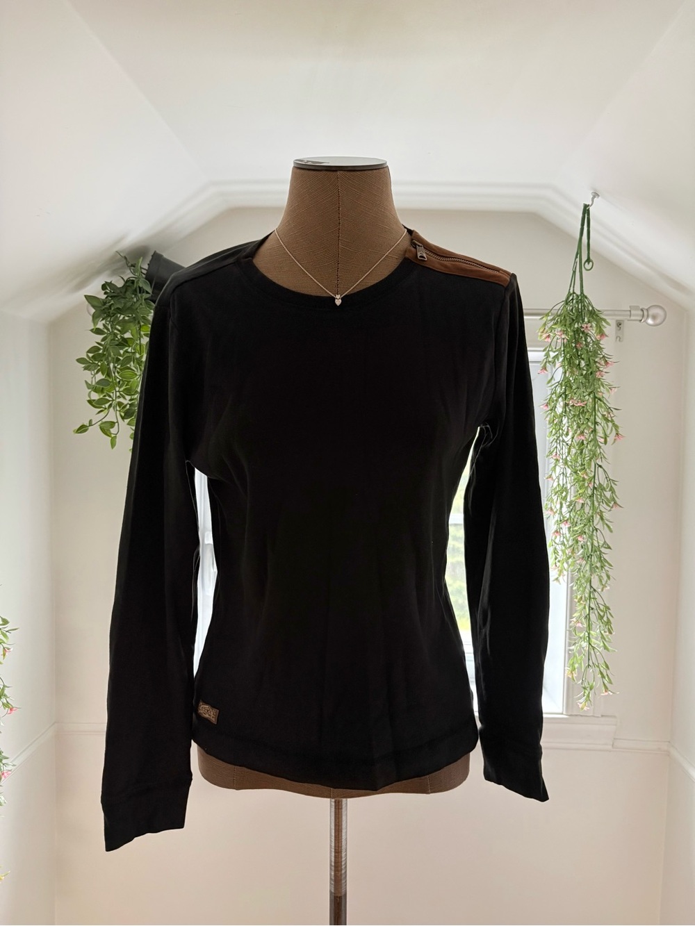 Ralph Lauren Black Long-Sleeve Top with Brown Shoulder Accent